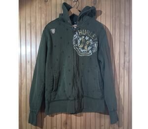 Vtg HURLEY Y2K Size L Distressed Full Zip Hoodie Grunge Skate Thumb Holes